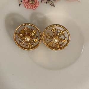 Intricate Gold and Pearl Stud Earrings